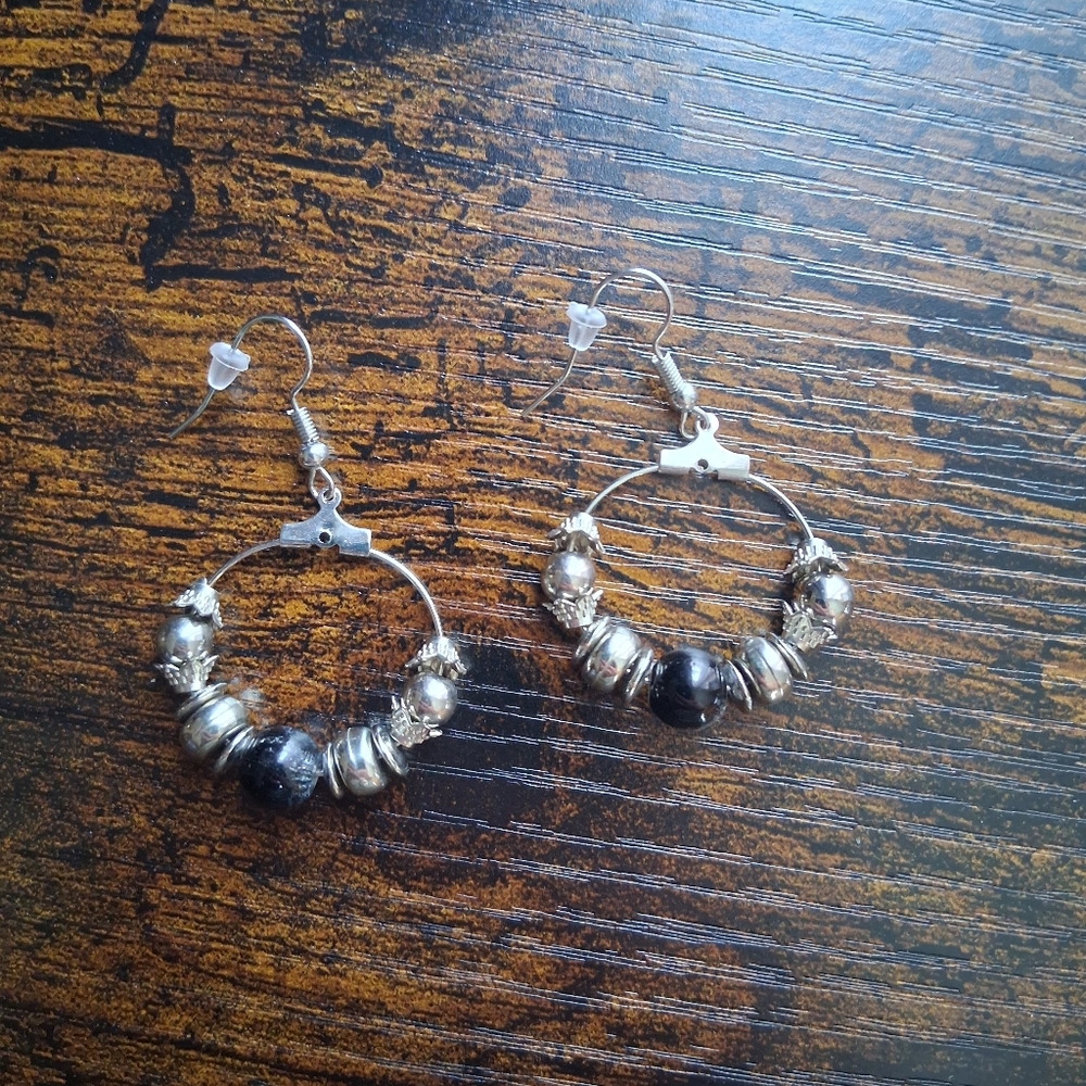 Silver Hoop Earrings with Black Beads